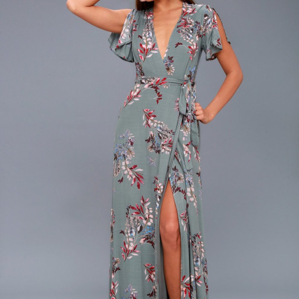 Lulus Fiorire Slate Blue Floral Wrap Maxi Dress